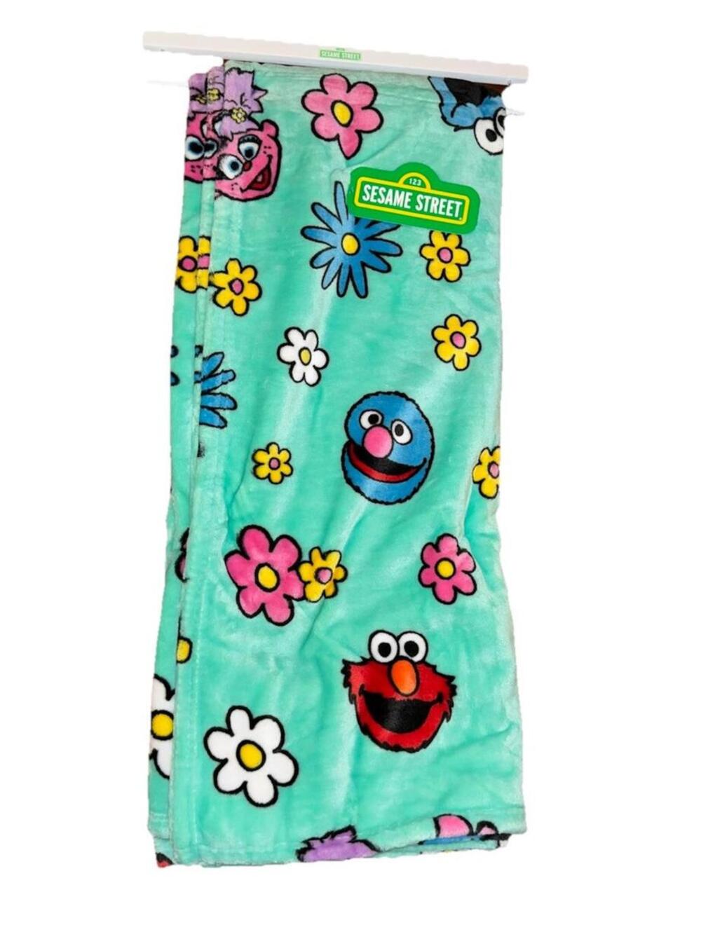 Sesame Street Elmo Cookie Monster Floral Mint Green Plush Fleece Throw Blanket